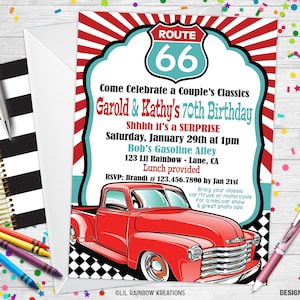 Puede incluir: Una invitación roja, blanca y azul para una fiesta de cumpleaños número 70. La invitación presenta un camión rojo vintage con un letrero de la Ruta 66 y el texto "Come Celebrate a Couple's Classics Garold & Kathy's 70th Birthday Shhhh it's a SURPRISE Saturday, January 29th at 1pm Bob's Gasoline Alley 123 Lil Rainbow - Lane, CA Lunch provided RSVP: Brandi # 123.456.7890 by Jan 21st Bring your classic car/truck or motorcycle for a mini car show & great photo ops".