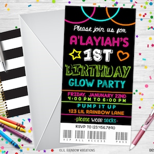 823 | Convite para festa Glow e cartão de agradecimento