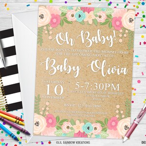 967 | Bloemen baby shower party uitnodiging & dank u kaart