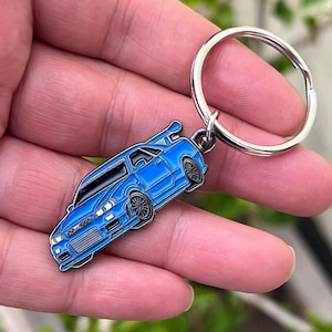 May include: A blue car keychain with a silver key ring. The car has black wheels and a spoiler. The keychain is held in a hand.