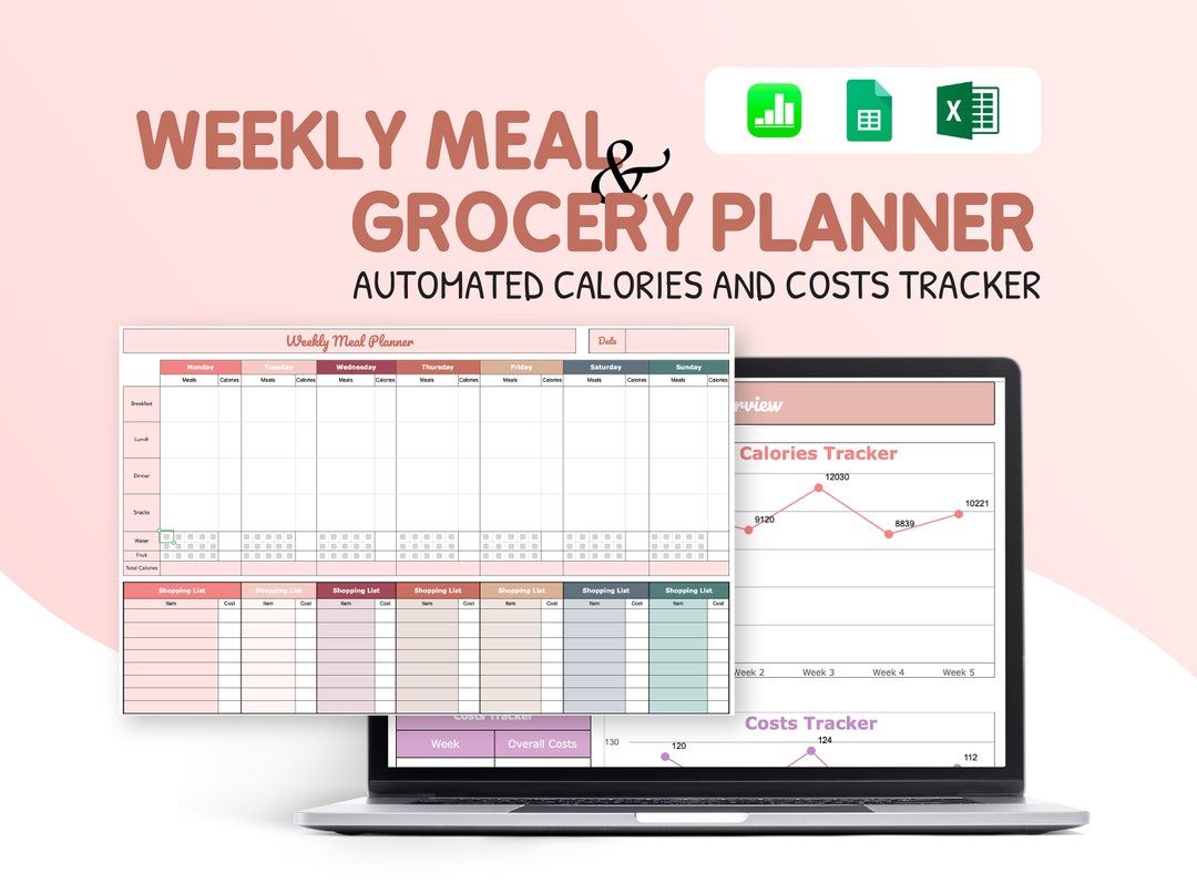 Weekly Meal Planner Excel Sheet Grocery List Google Sheets - Etsy