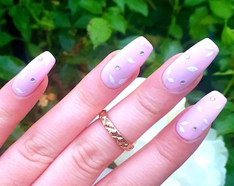 Pastel Minimalist Floral with Rhinestones Press On Gel Nails | Spring Summer Nails | Reusable
