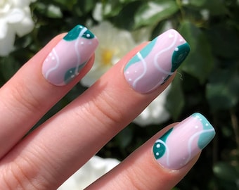 Green Abstract Press On Gel Nails | Spring Summer Nails | Reusable
