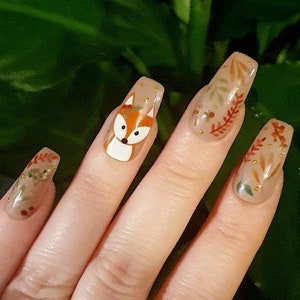 Woodland Fox Press On Gel Nails Autumn Winter Fall Nails Reusable image 1