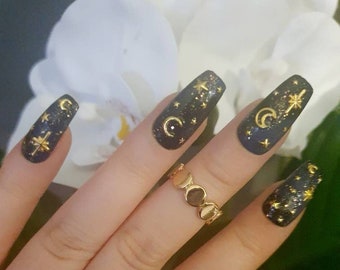 Galaxy Press On Gel Nails with Gold Moon & Star Embellishments | Halloween Nails | Reusable