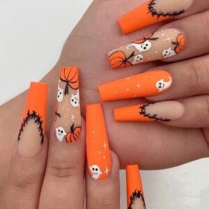 Orange Halloween Press On Nails | Ghost, Pumpkin Reusable False Nails