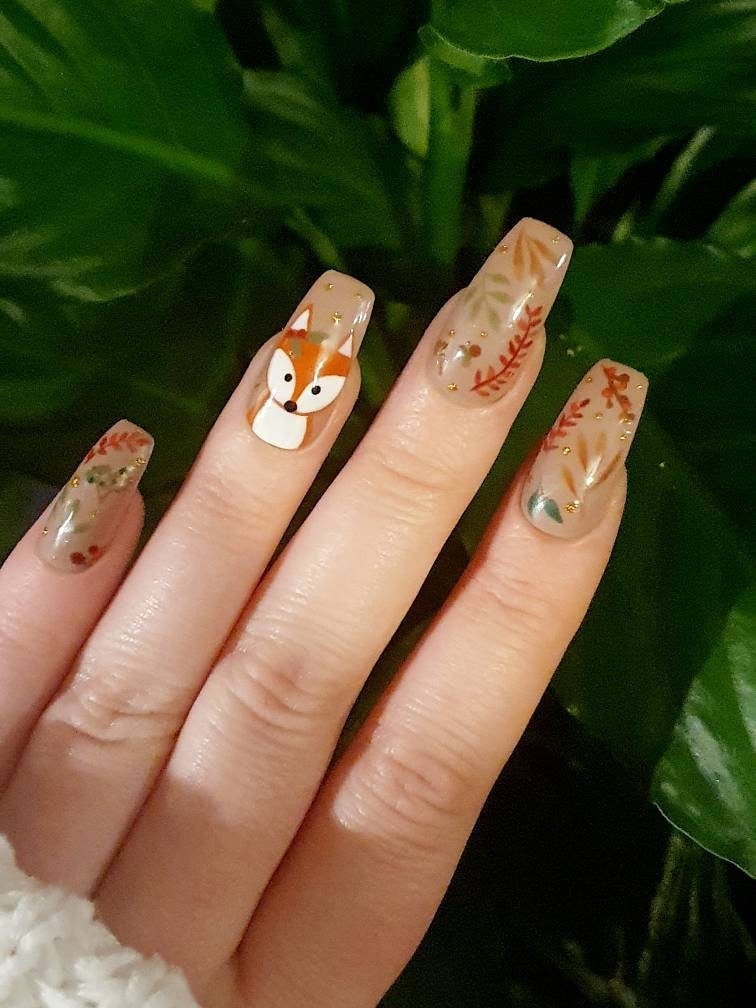 Woodland Fox Press on Gel Nails | Autumn Winter | Fall Nails | Reusable - Etsy Australia