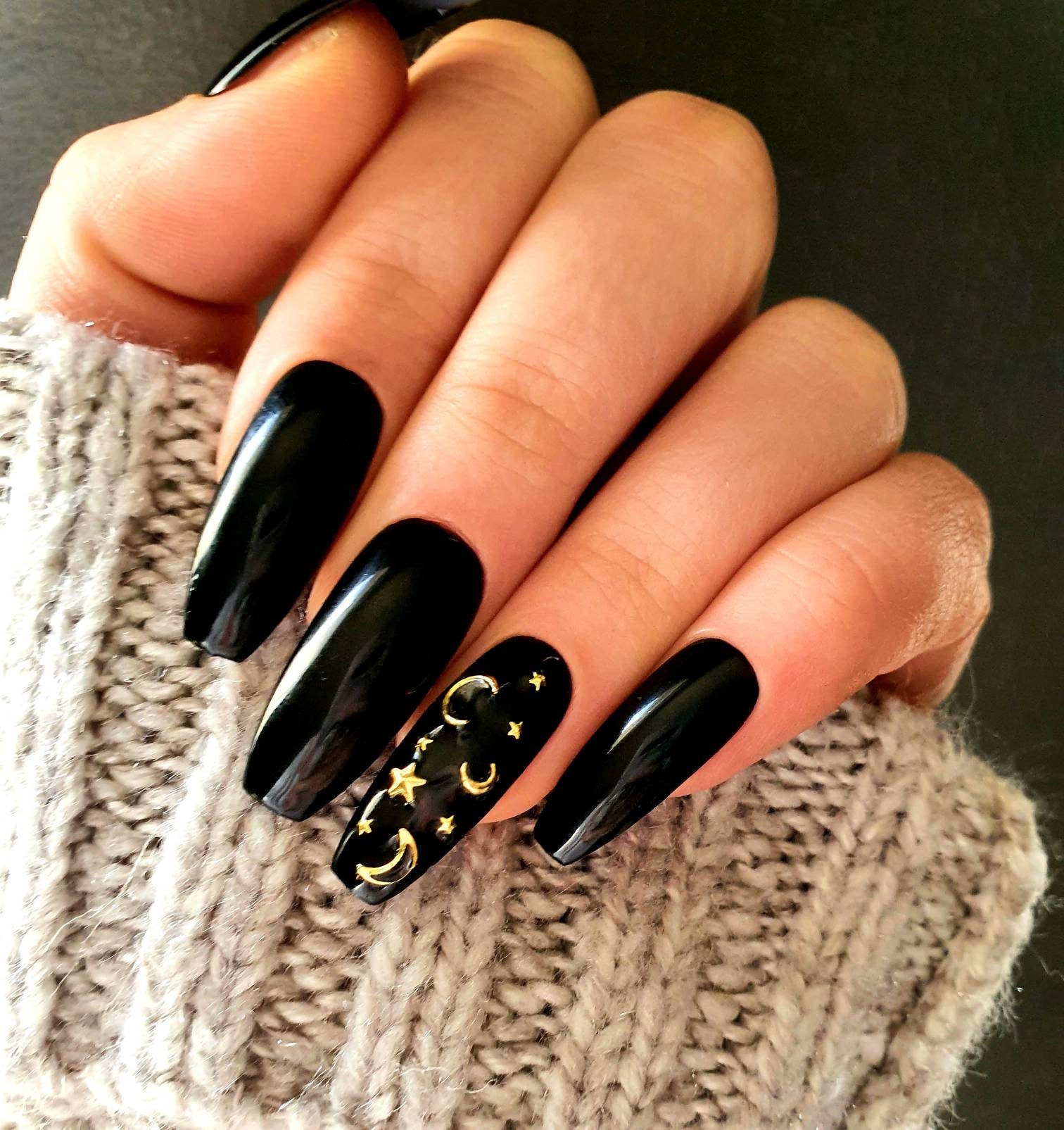 Black and Gold Moon & Stars PressOn Nails Etsy