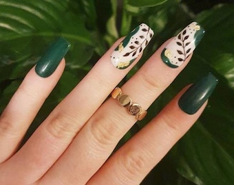 Green & Gold Abstract Floral Press On Gel Nails | Reusable