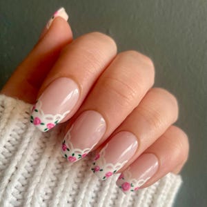 Lace Pink Floral French Tip Press On Nails | Spring Summer Nails | Reusable