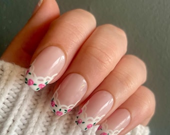 Unhas postiças com ponta francesa floral rosa e renda | Unhas primavera-verão | Reutilizáveis