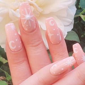 Pink Shimmer Moon & Stars Press On Gel Nails | Celestial Nails | Reusable