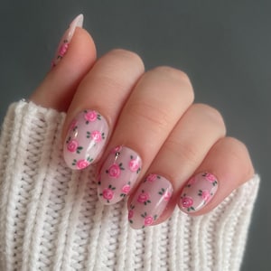 Unhas de pressão com rosas rosa | Unhas primavera-verão | Reutilizáveis