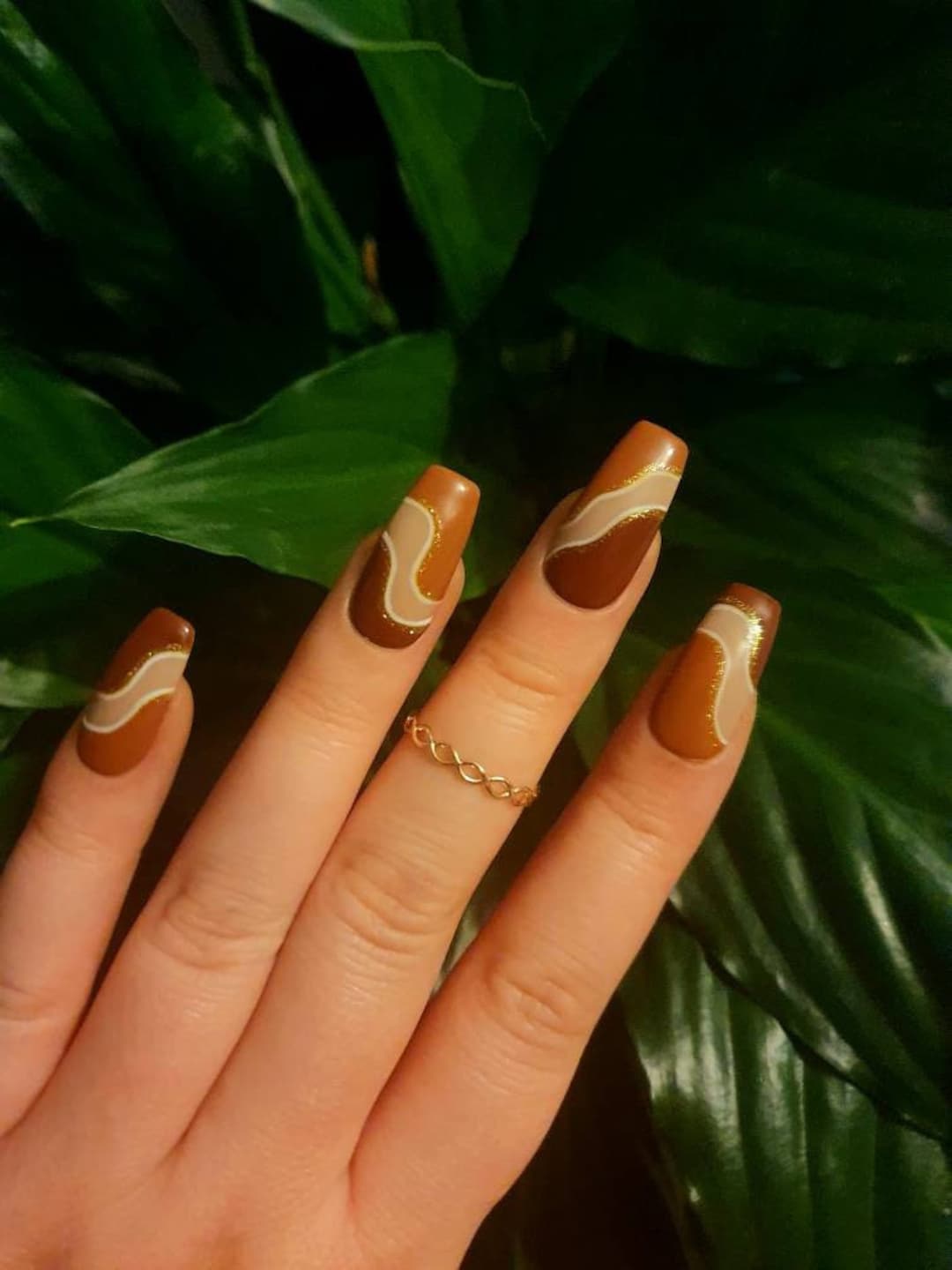 Brown Tan Abstract Wave With Gold Glitter Press on Gel Nails - Etsy