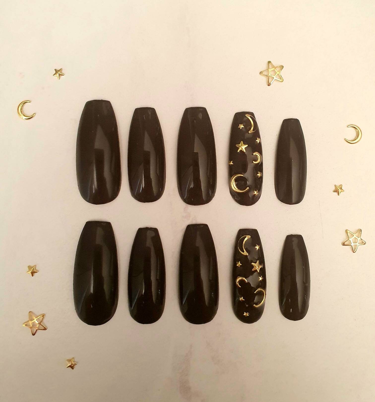 Black and Gold Moon & Stars Press-on Nails Witchy Nails - Etsy UK