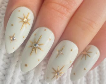 White & Gold Chrome Celestial Stars Press On Gel Nails | Reusable