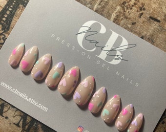 Pastel Hearts Press On Gel Nails | Valentines | Spring Sunmer | Reusable