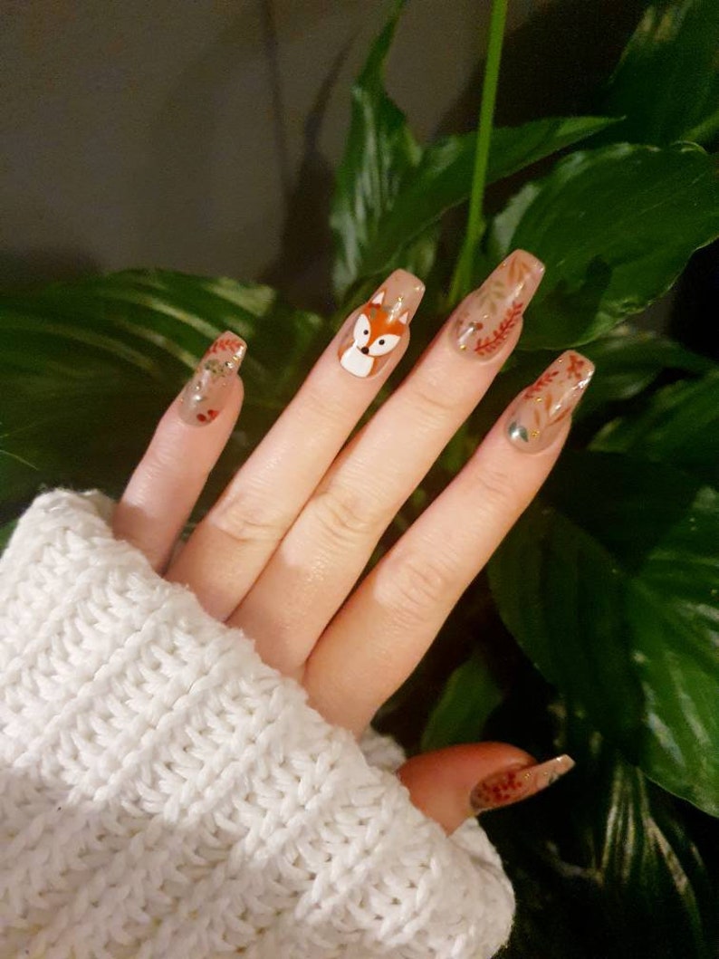 Woodland Fox Press On Gel Nails Autumn Winter Fall Nails Reusable image 4