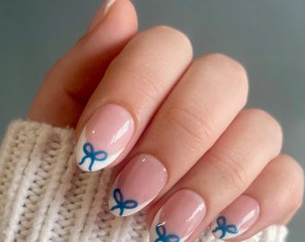 Blue Bow French Tip Press On Nails | Spring Summer Nails | Reusable