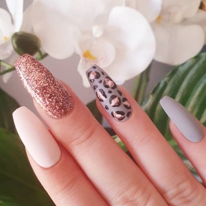 Grey, Pink and Glitter Leopard Print Press On Gel Nails | Spring Summer Nails | Reusable