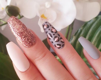 Grey, Pink and Glitter Leopard Print Press On Gel Nails | Spring Summer Nails | Reusable