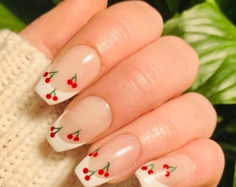 French Tip Cherries Press On Nails | Spring Summer Nails | Reusable