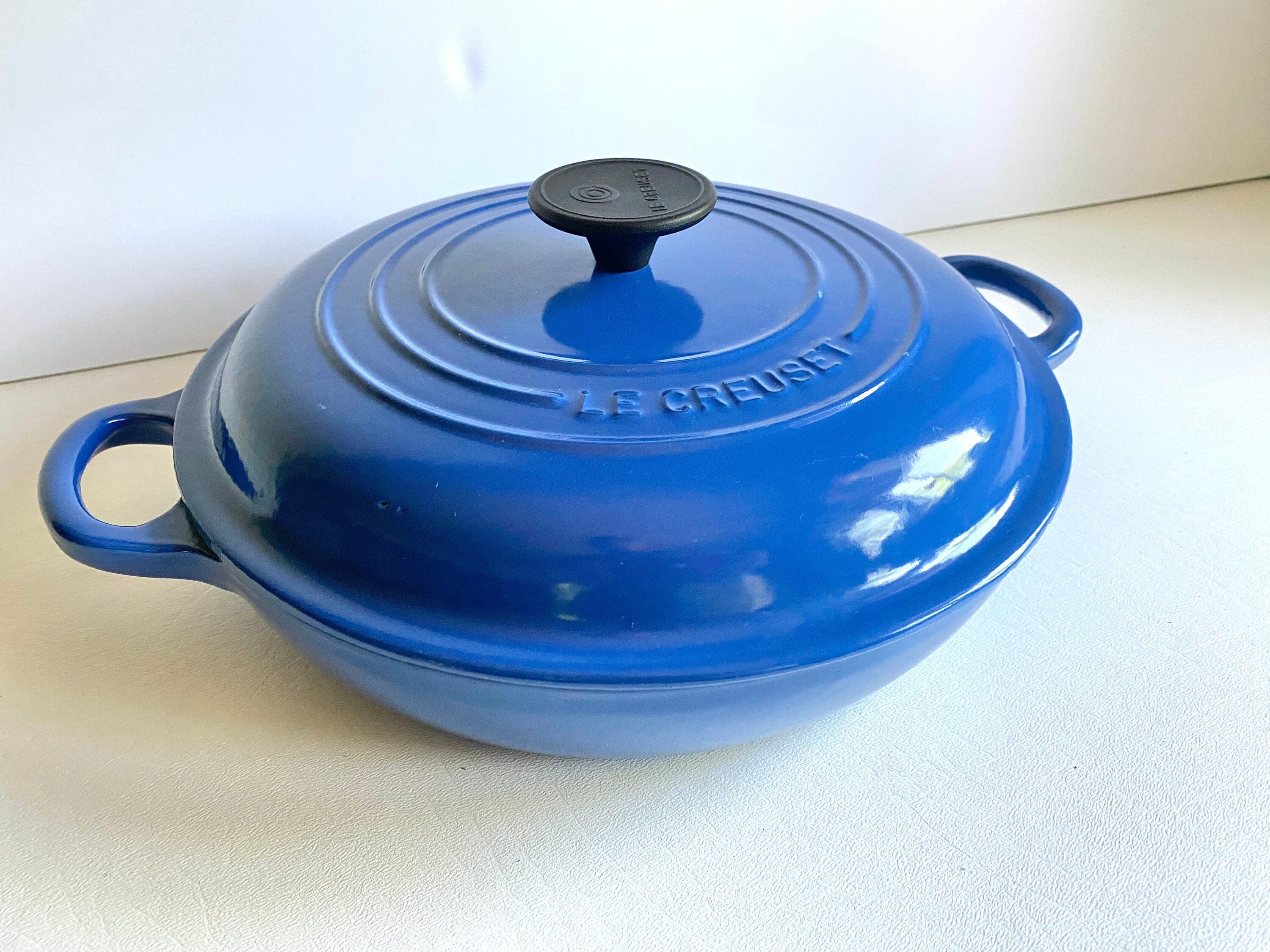 Vintage Le Creuset #26 Cast Iron Blue Enamel Round Grill Skillet Griddle Pan