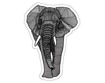 May include: A black and white line art illustration of an elephant with its trunk raised. The elephant is facing forward and has a detailed, textured pattern.