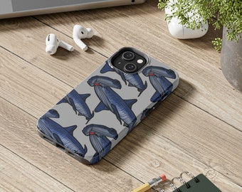 May include: A gray phone case with a pattern of blue hammerhead sharks. The case has a camera lens cutout and a raised edge around the screen.