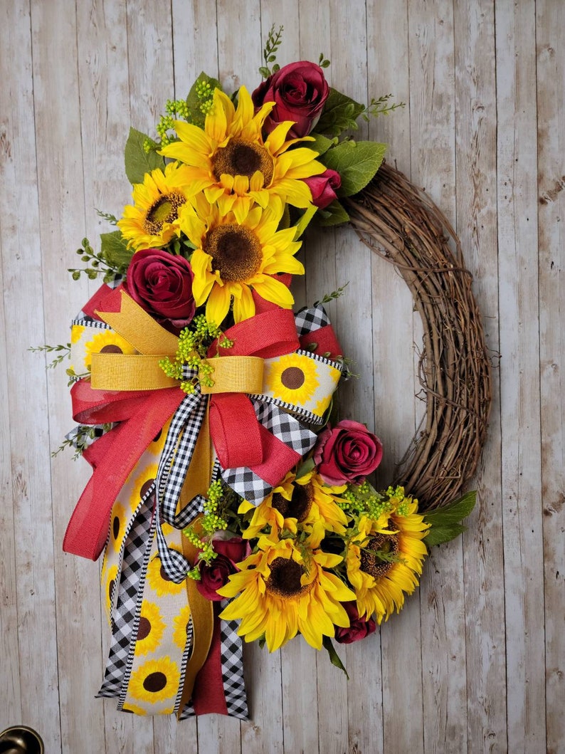 Sunflower and Roses Wreath for Front Door Red Roses and Etsy