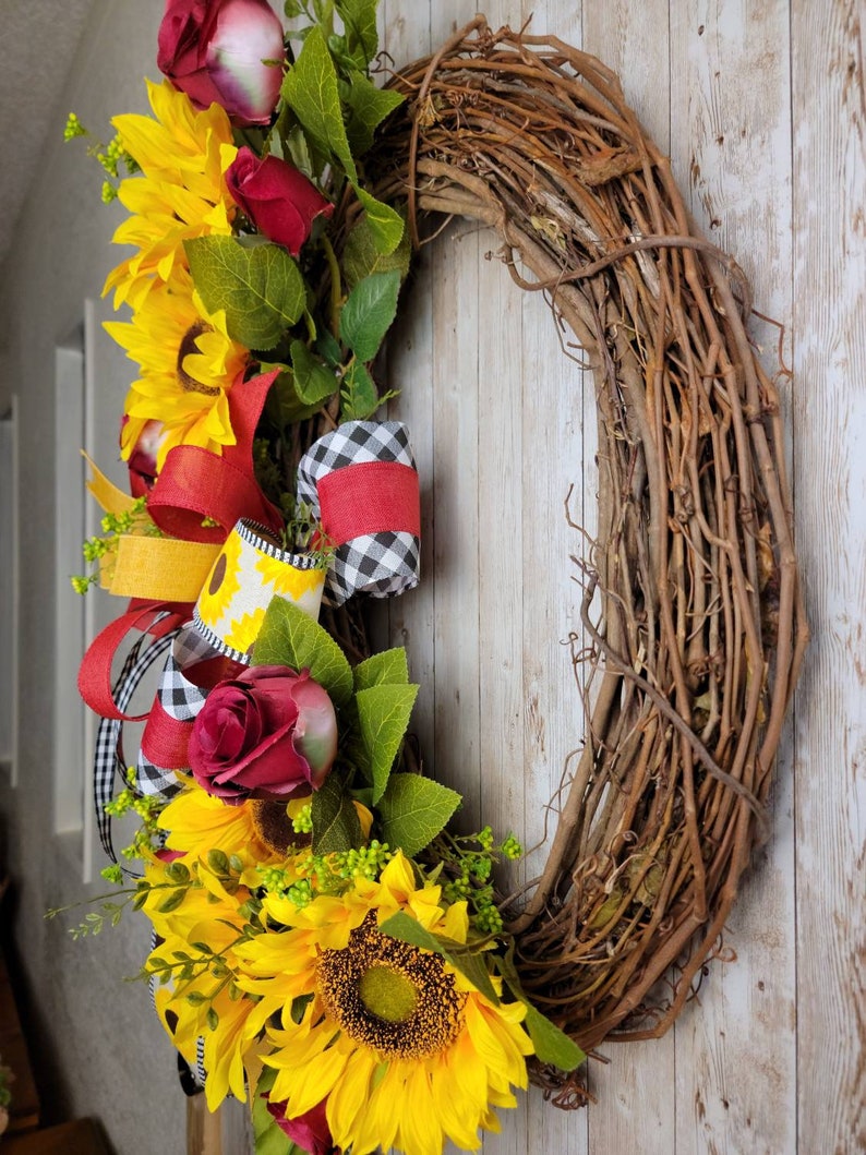 Sunflower and Roses Wreath for Front Door Red Roses and Etsy