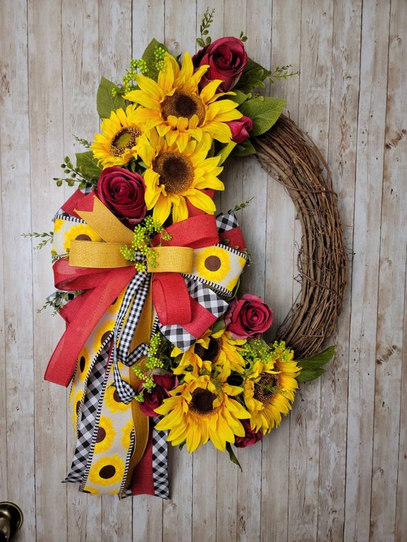 Sunflower and Roses Wreath for Front Door Red Roses and Etsy