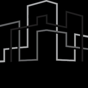 May include: Abstract line art illustration of a cityscape. The design features interconnected geometric shapes in shades of gray and black against a solid black background. The artwork evokes a modern, minimalist aesthetic.