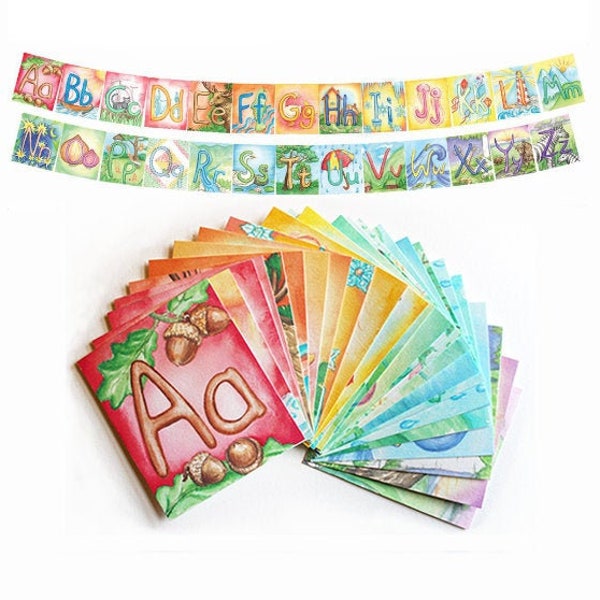 Alphabet Cards / Waldorf, Montessori / Watercolor / homeschool, learn to read