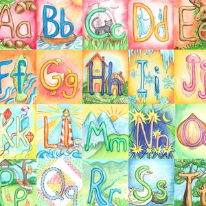May include: A colorful alphabet chart with each letter illustrated with a different scene. The letters are in a bright, bold font and are surrounded by colorful backgrounds and illustrations. The letters are A through T.