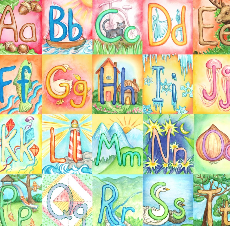 May include: A colorful alphabet chart with each letter illustrated with a different scene. The letters are in a bright, bold font and are surrounded by colorful backgrounds and illustrations. The letters are A through T.