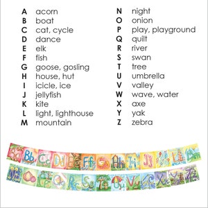 May include: A colorful alphabet chart with illustrations for each letter. The letters are in a rainbow color scheme and are arranged in a curved line. The illustrations include a boat, a cat, a dance, an elk, a fish, a goose, a house, an icicle, a jellyfish, a kite, a light, a mountain, a night, an onion, a play, a quilt, a river, a swan, a tree, an umbrella, a valley, a wave, an axe, a yak, and a zebra.