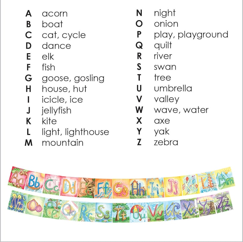 May include: A colorful alphabet chart with illustrations for each letter. The letters are in a rainbow color scheme and are arranged in a curved line. The illustrations include a boat, a cat, a dance, an elk, a fish, a goose, a house, an icicle, a jellyfish, a kite, a light, a mountain, a night, an onion, a play, a quilt, a river, a swan, a tree, an umbrella, a valley, a wave, an axe, a yak, and a zebra.