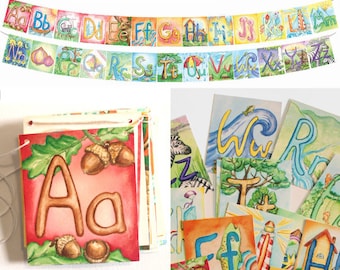 Alphabet Garland / Waldorf, Montessori / Watercolor Cards / homeschool, learn to read