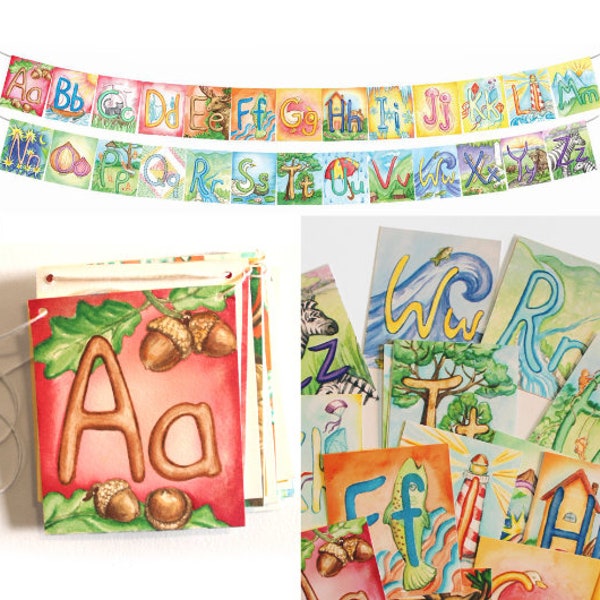 Alphabet Garland / Waldorf ABC Cards / Watercolor / homeschool, learn to read