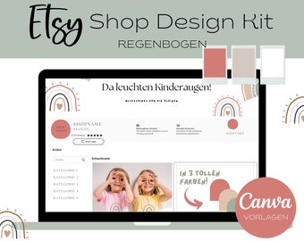 Etsy Shop Design Kit verspielt - Canva Vorlagen für Artikelbilder, Shop Banner und Icons - Regenbogen Design - komplett anpassbar