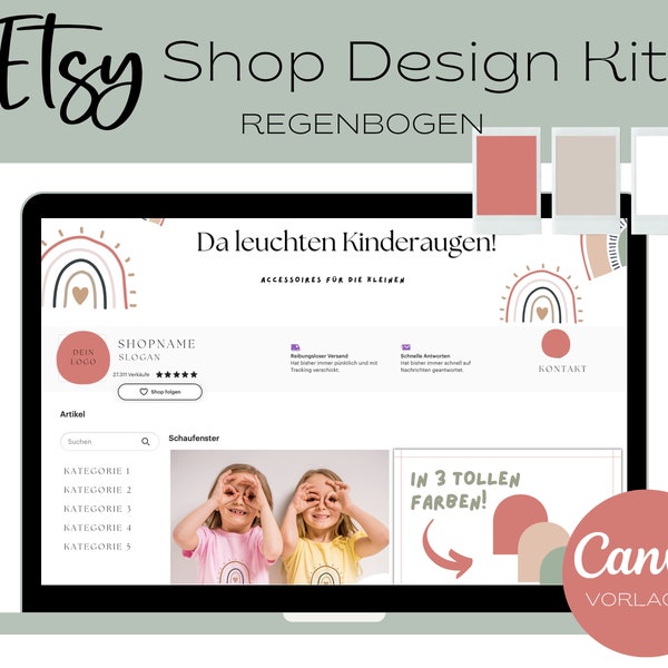 Etsy Shop Design Kit verspielt - Canva Vorlagen für Artikelbilder, Shop Banner und Icons - Regenbogen Design - komplett anpassbar