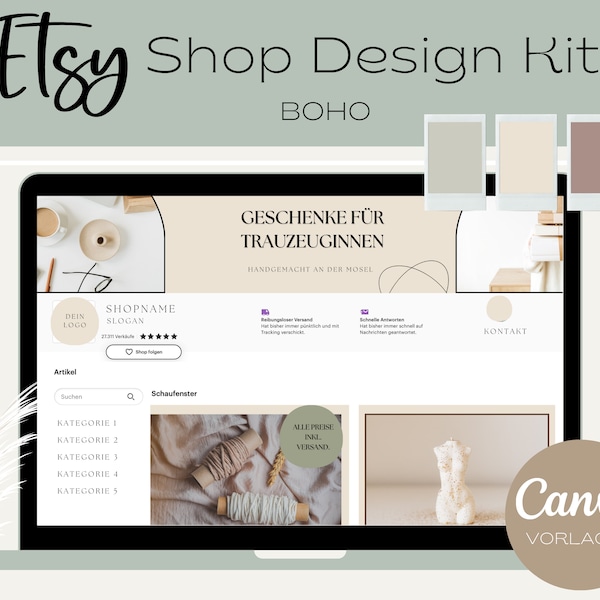 Etsy Shop Design Kit für Canva- Vorlagen für Artikelbilder, Shop Banner und Icons - Boho Design - komplett anpassbar