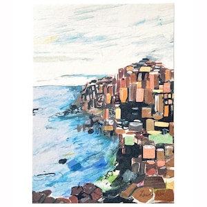 May include: Abstract painting of a rocky cliffside with a blue ocean in the foreground. The cliff is made up of many different colored squares and rectangles, creating a geometric pattern. The sky is a light blue with white clouds.