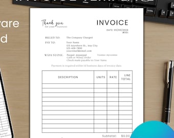 Minimalist Invoice Template - Editable Small Business Invoice - Customizable Billing Form - Instant Download