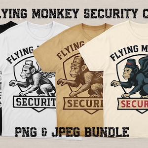 May include: Four t-shirts with the Flying Monkey Security Co. logo. The logo features a monkey with wings and a hat. The shirts are black, white, tan, and cream-colored. The text "FLYING MONKEY SECURITY CO." and "SECURITY" are displayed. The text "PNG & JPEG BUNDLE" is also visible.
