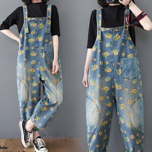 Women Denim Overalls Sunflower Print Jumpsuits Loose Wide - Etsy