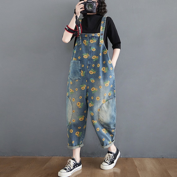 Women Denim Overalls Sunflower Print 