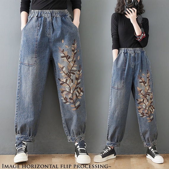 Embroidered Jeans, Women Joggers, Oversized Elastic Waist Pants