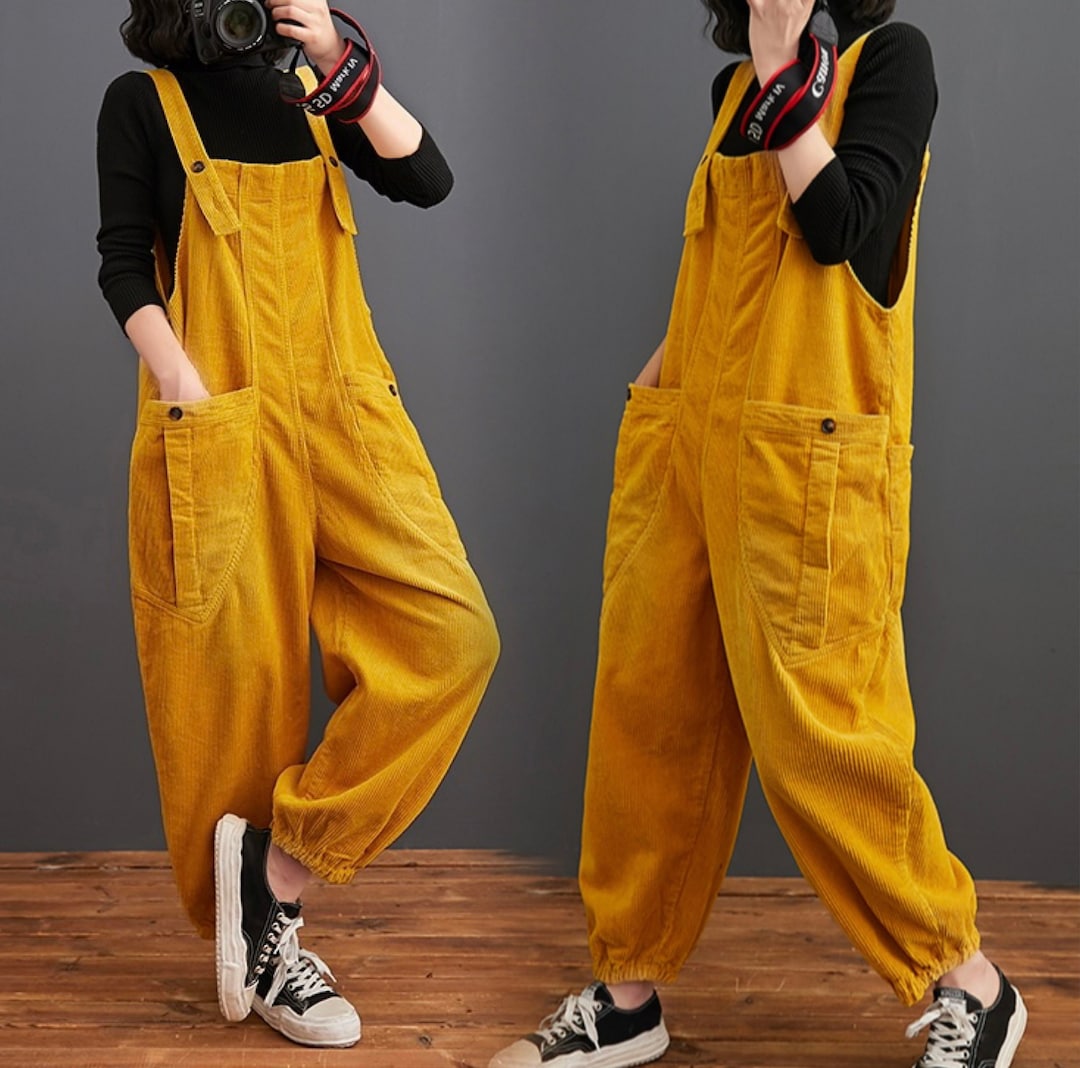 Women Corduroy Overalls Yellow Overalls Baggy Jumpsuit Etsy